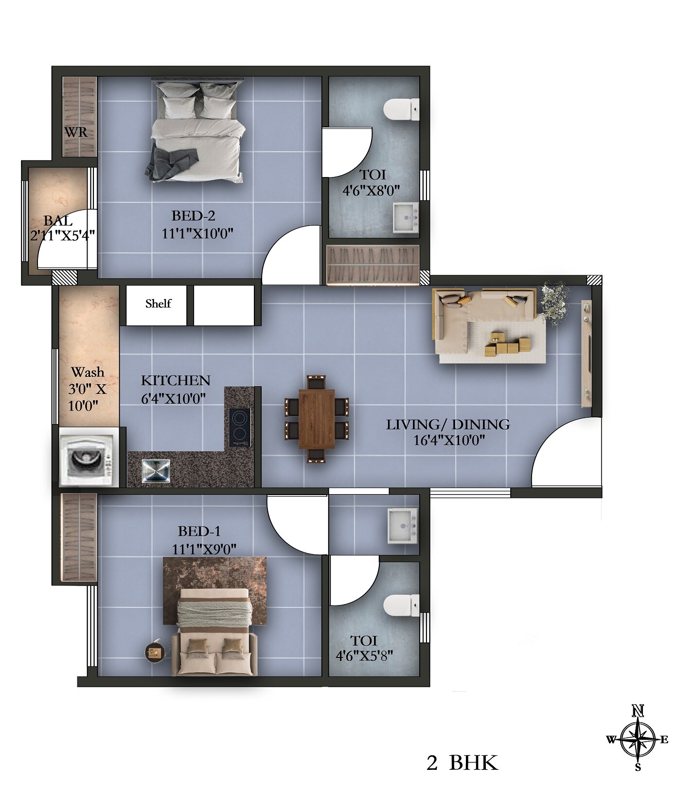 Floor plan of 2 BHK 777 Sq. Ft. Apartment in Shantiniketan Vega, Chennai