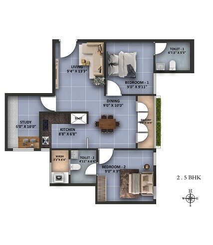 Floor plan of 2 BHK 961 Sq. Ft. Apartment in Shantiniketan Vega, Chennai