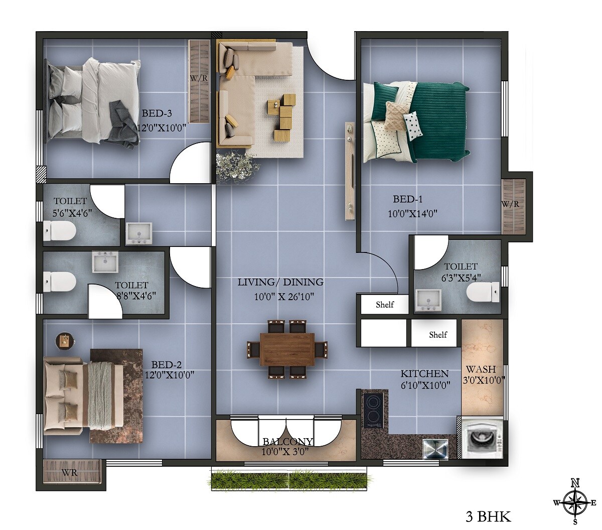 Floor plan of 3 BHK 1307 Sq. Ft. Apartment in Shantiniketan Vega, Chennai