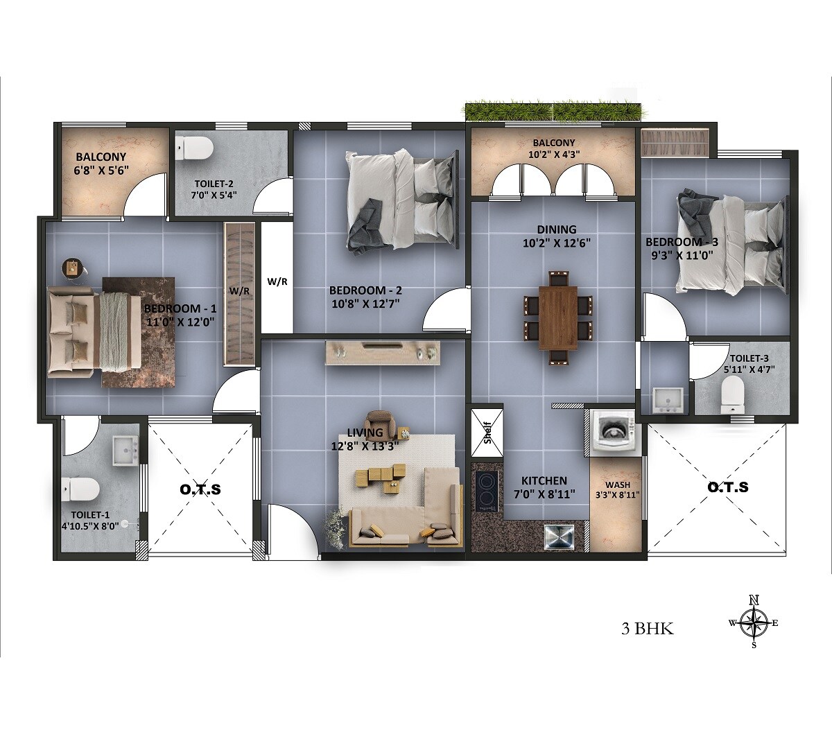 Floor plan of 3 BHK 1395 Sq. Ft. Apartment in Shantiniketan Vega, Chennai