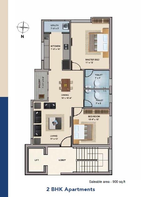 Floor plan of 2 BHK 900 Sq. Ft. Apartment in Sheetal The Temple View, Chennai