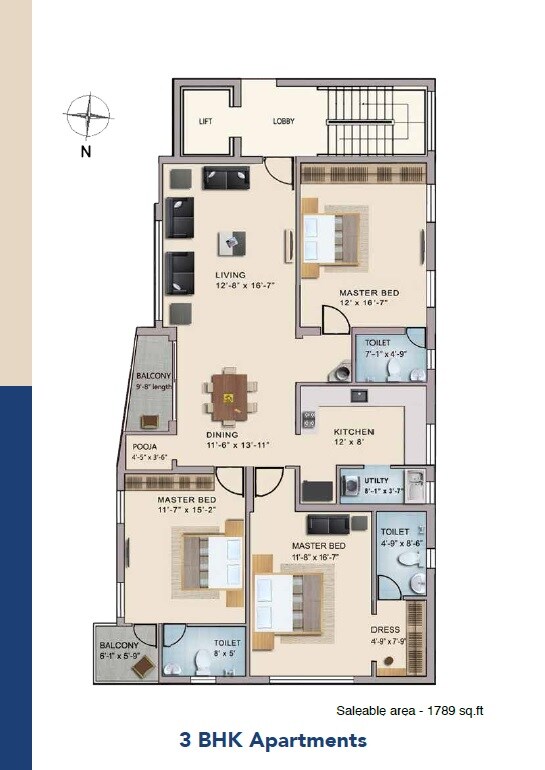 Floor plan of 3 BHK 1789 Sq. Ft. Apartment in Sheetal The Temple View, Chennai