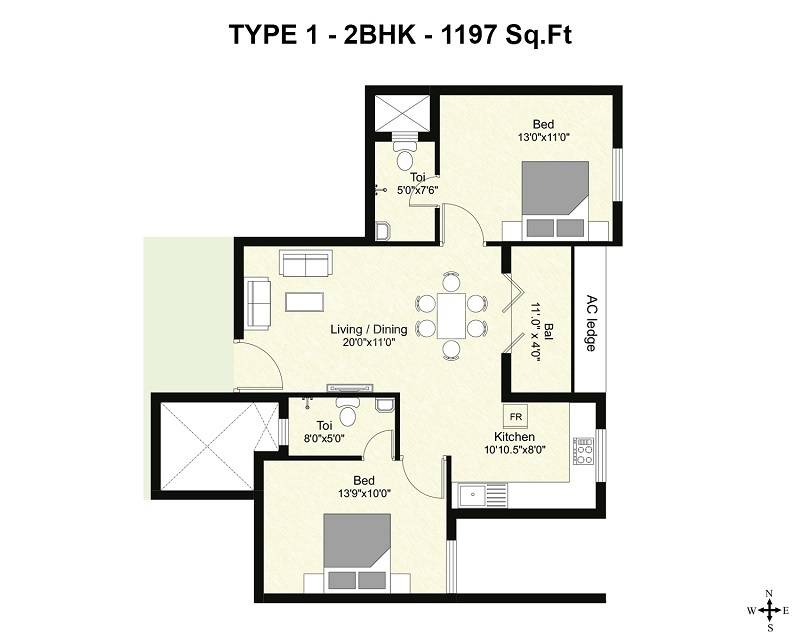 Floor plan of 2 BHK 1197 Sq. Ft. Apartment in Shirdi Whitefield Mudra, Chennai