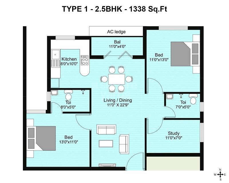Floor plan of 2 BHK 1338 Sq. Ft. Apartment in Shirdi Whitefield Mudra, Chennai
