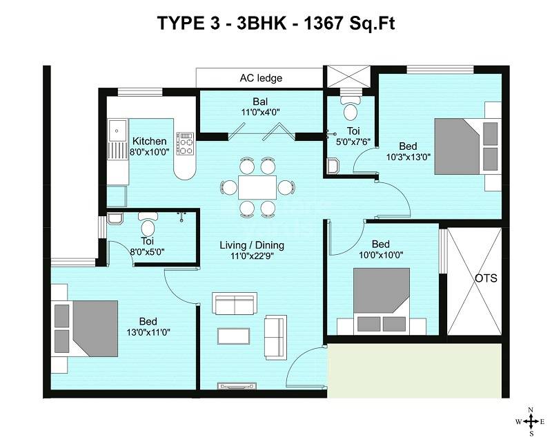 Floor plan of 3 BHK 1367 Sq. Ft. Apartment in Shirdi Whitefield Mudra, Chennai