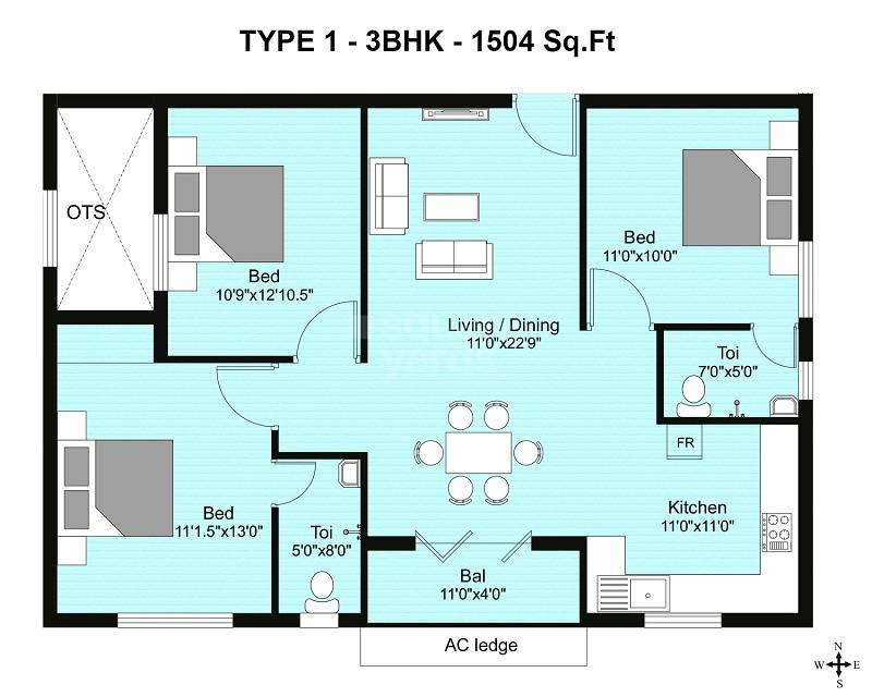 Floor plan of 3 BHK 1504 Sq. Ft. Apartment in Shirdi Whitefield Mudra, Chennai