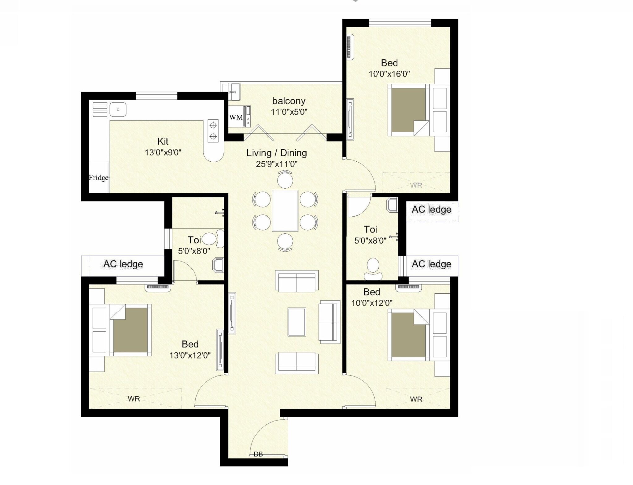 Floor plan of 3 BHK 1300 Sq. Ft. Apartment in Shirdi Whitefield Mudra Phase 2, Chennai