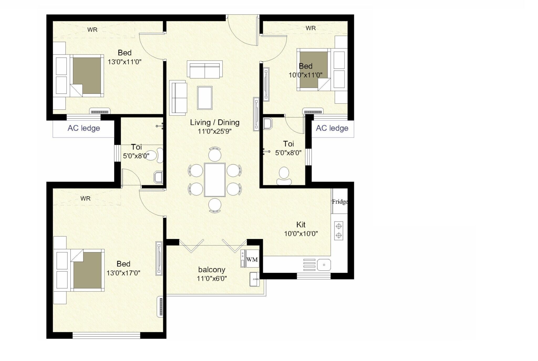 Floor plan of 3 BHK 1333 Sq. Ft. Apartment in Shirdi Whitefield Mudra Phase 2, Chennai