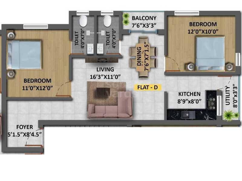 Floor plan of 2 BHK 1018 Sq. Ft. Apartment in Shree Aaditri, Chennai