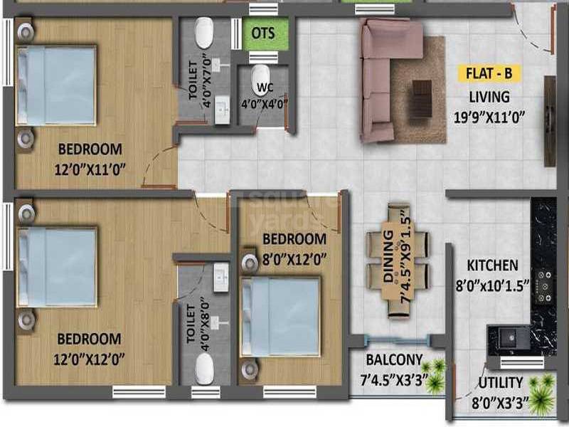 Floor plan of 3 BHK 1298 Sq. Ft. Apartment in Shree Aaditri, Chennai
