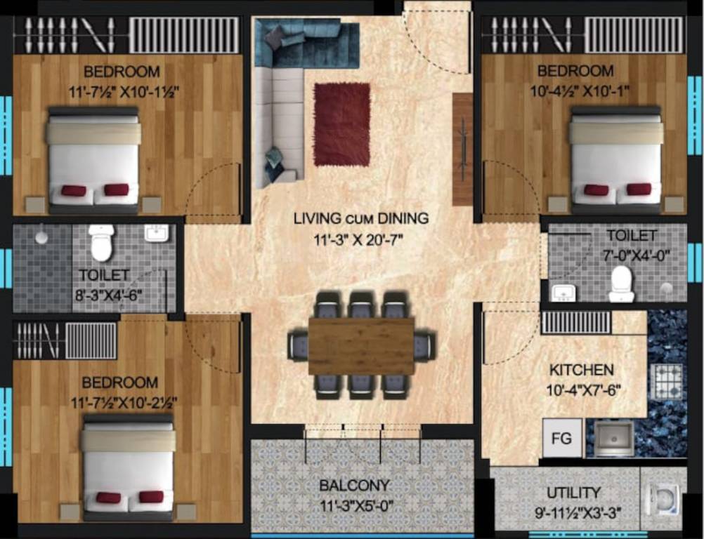 Floor plan of 3 BHK 1190 Sq. Ft. Apartment in Shri Thirumala Apartments, Chennai