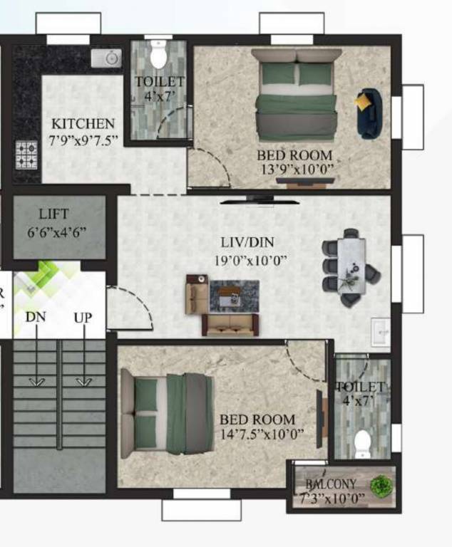 Floor plan of 2 BHK 933 Sq. Ft. Apartment in Shrii Amirtha Varshini Apartment, Chennai