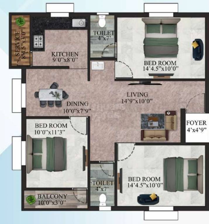 Floor plan of 3 BHK 1253 Sq. Ft. Apartment in Shrii Amirtha Varshini Apartment, Chennai