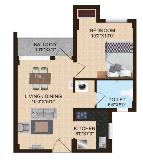 Floor plan of 1 BHK 605 Sq. Ft. Apartment in Shriram Joy, Chennai