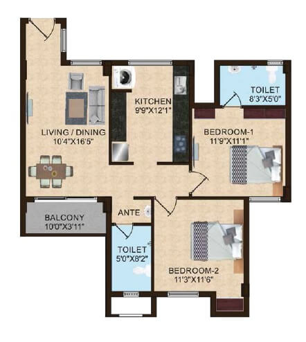 Floor plan of 2 BHK 1035 Sq. Ft. Apartment in Shriram Joy, Chennai