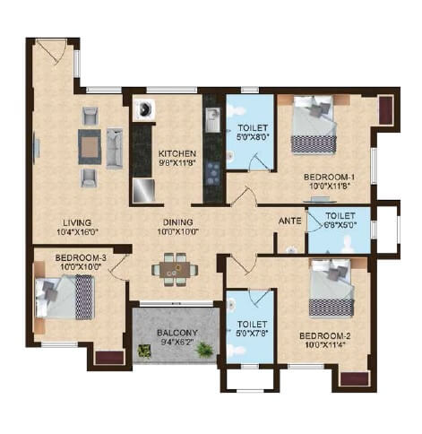 Floor plan of 3 BHK 1390 Sq. Ft. Apartment in Shriram Joy, Chennai