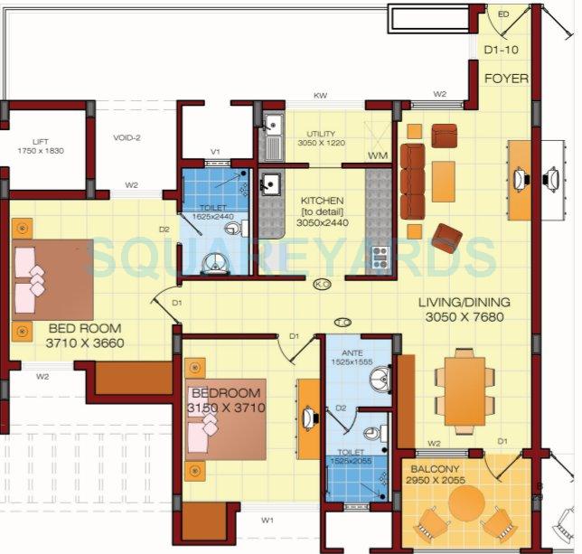 Floor plan of 2 BHK 1281 Sq. Ft. Apartment in Shriram Properties Shankari, Chennai