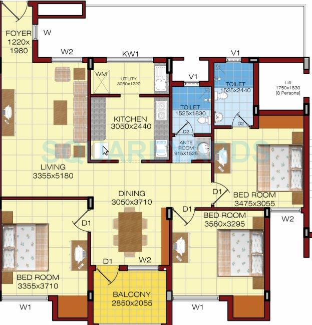 Floor plan of 3 BHK 1634 Sq. Ft. Apartment in Shriram Properties Shankari, Chennai