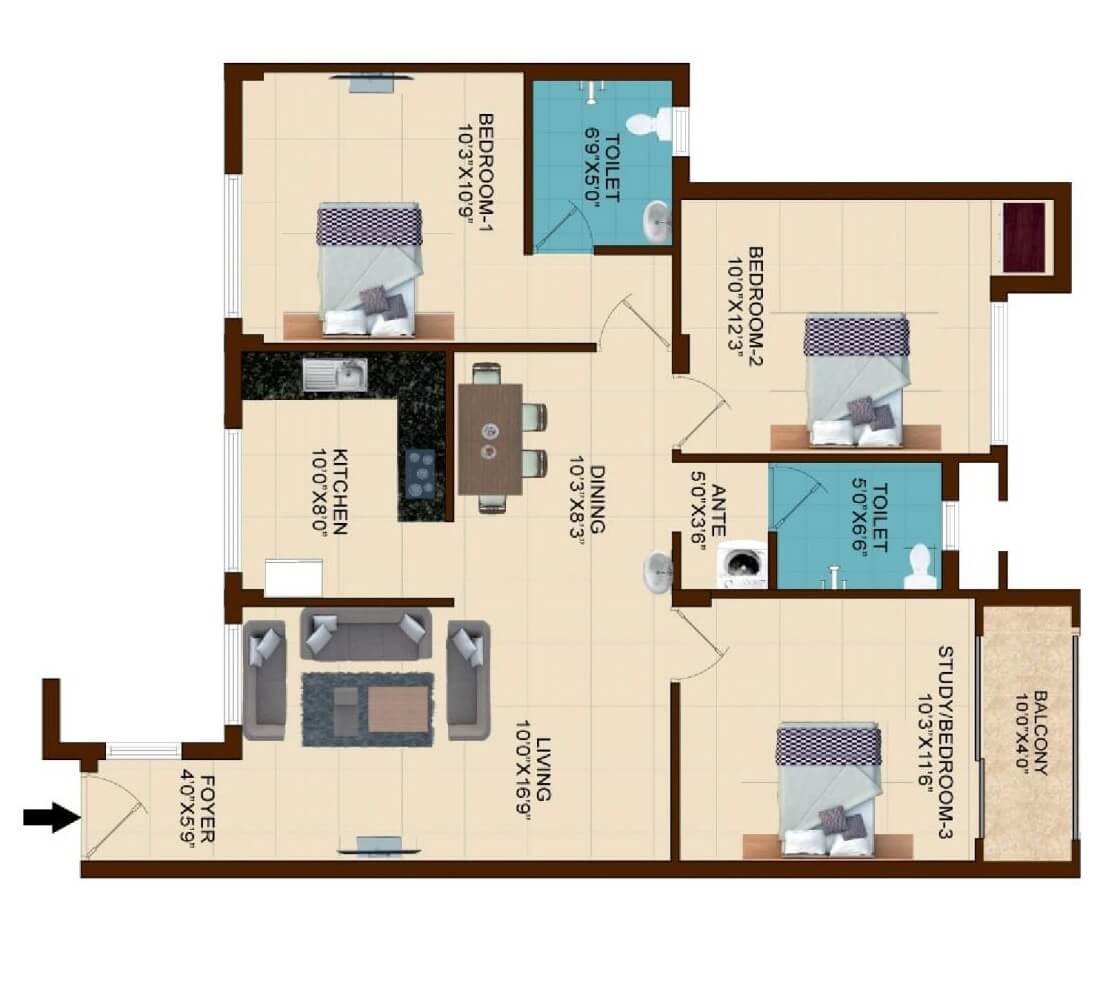 Floor plan of 2 BHK 1190 Sq. Ft. Apartment in Shriram Temple Bells, Chennai