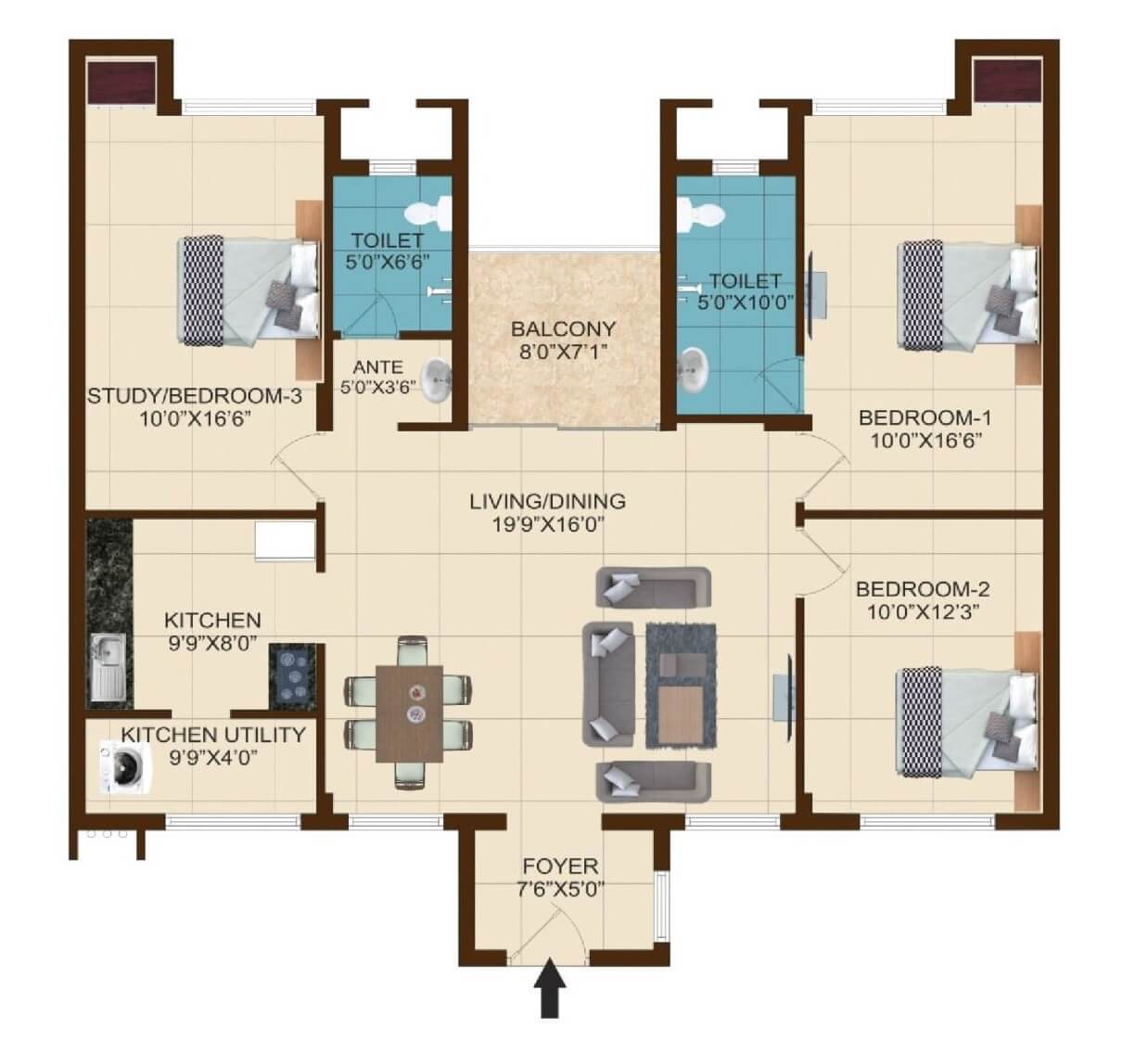 Floor plan of 3 BHK 1495 Sq. Ft. Apartment in Shriram Temple Bells, Chennai