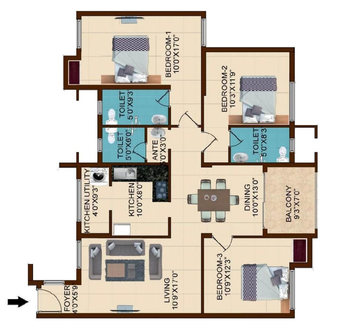 Floor plan of 3 BHK 1640 Sq. Ft. Apartment in Shriram Temple Bells, Chennai