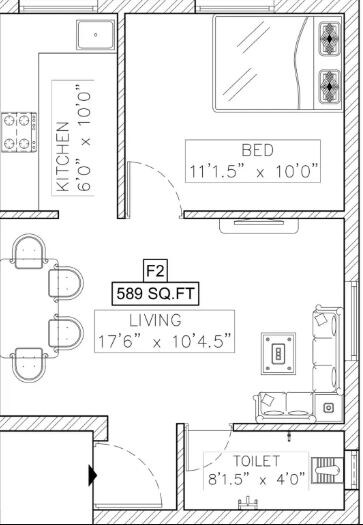 Floor plan of 1 BHK 589 Sq. Ft. Apartment in SI Prasanthi Nagar, Chennai