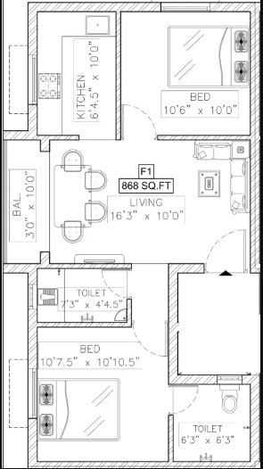 Floor plan of 2 BHK 868 Sq. Ft. Apartment in SI Prasanthi Nagar, Chennai