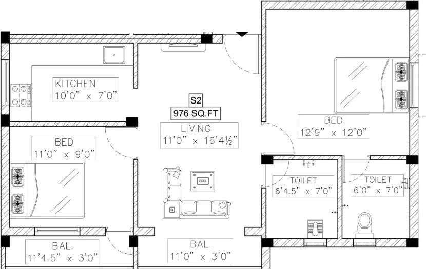 Floor plan of 2 BHK 976 Sq. Ft. Apartment in SI Prasanthi Nagar, Chennai