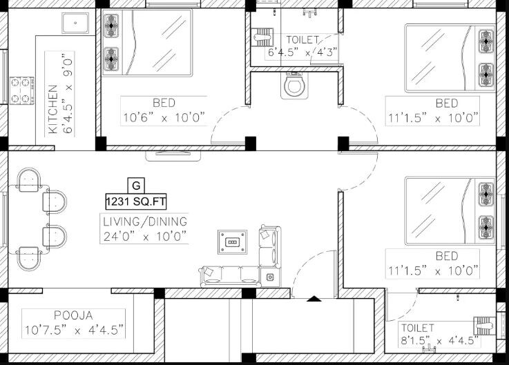 Floor plan of 3 BHK 1231 Sq. Ft. Apartment in SI Prasanthi Nagar, Chennai