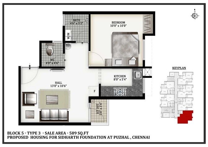 Floor plan of 1 BHK 589 Sq. Ft. Apartment in Sidharth Crown, Chennai
