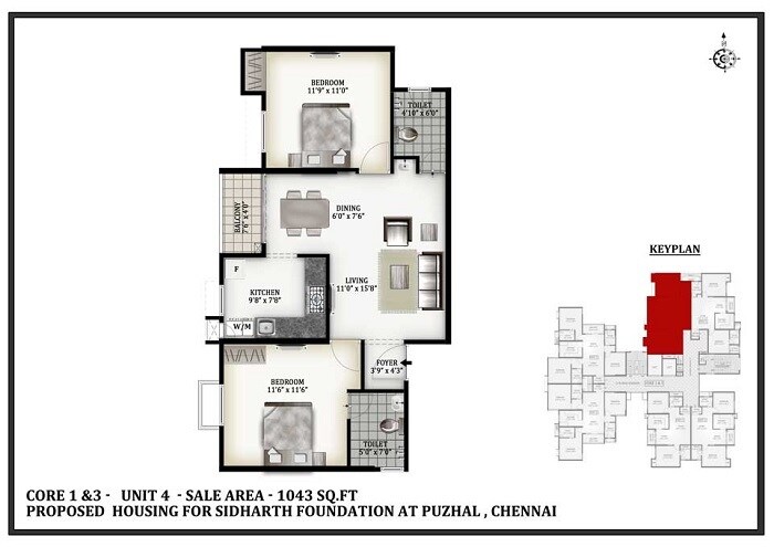 Floor plan of 2 BHK 1043 Sq. Ft. Apartment in Sidharth Crown, Chennai