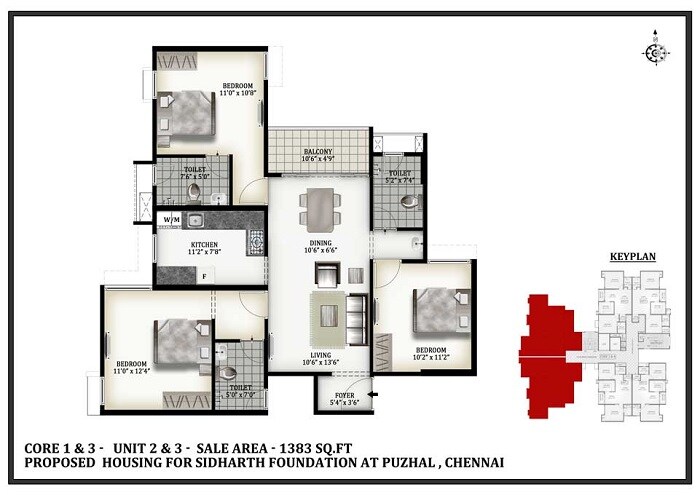 Floor plan of 3 BHK 1383 Sq. Ft. Apartment in Sidharth Crown, Chennai