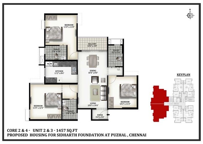 Floor plan of 3 BHK 1457 Sq. Ft. Apartment in Sidharth Crown, Chennai