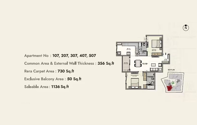 Floor plan of 2 BHK 1136 Sq. Ft. Apartment in Sidharth Greenwoods, Chennai