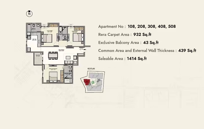 Floor plan of 3 BHK 1414 Sq. Ft. Apartment in Sidharth Greenwoods, Chennai