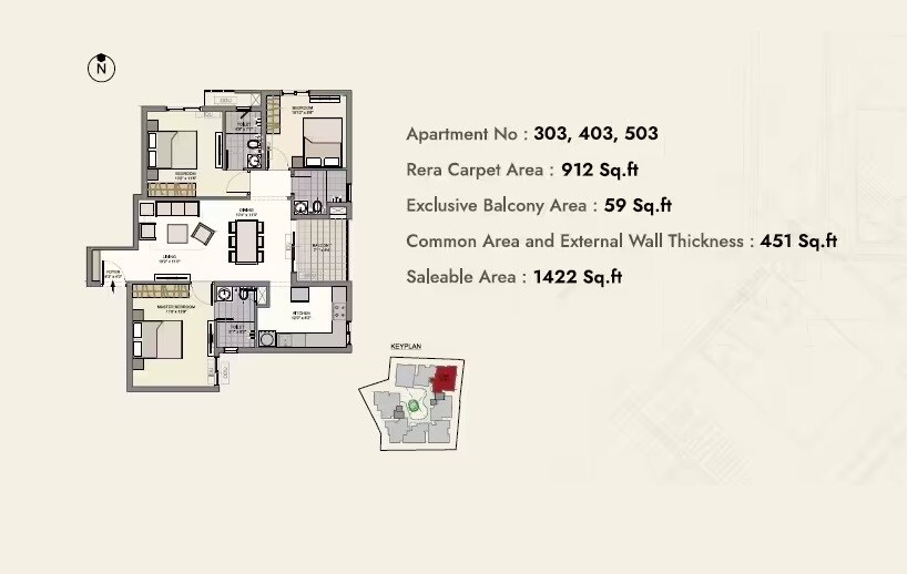 Floor plan of 3 BHK 1422 Sq. Ft. Apartment in Sidharth Greenwoods, Chennai