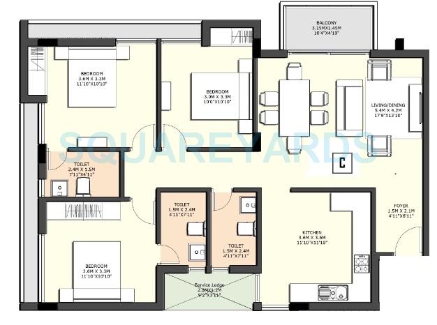 Floor plan of 3 BHK 1400 Sq. Ft. Apartment in Sidharth Housing County, Chennai