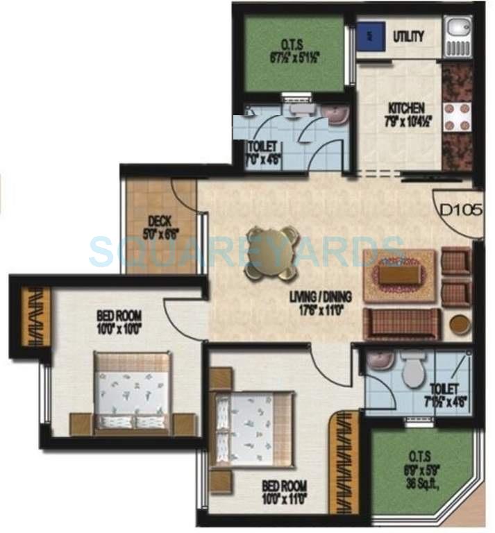 Floor plan of 2 BHK 801 Sq. Ft. Apartment in Sidharth Housing Dakshin, Chennai