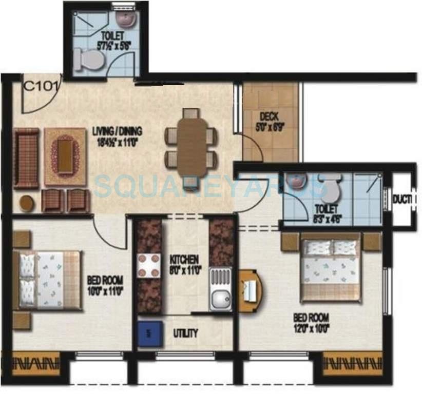 Floor plan of 2 BHK 917 Sq. Ft. Apartment in Sidharth Housing Dakshin, Chennai