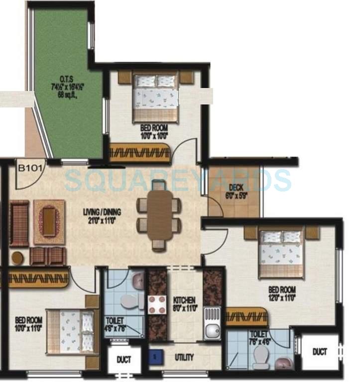 Floor plan of 3 BHK 1009 Sq. Ft. Apartment in Sidharth Housing Dakshin, Chennai