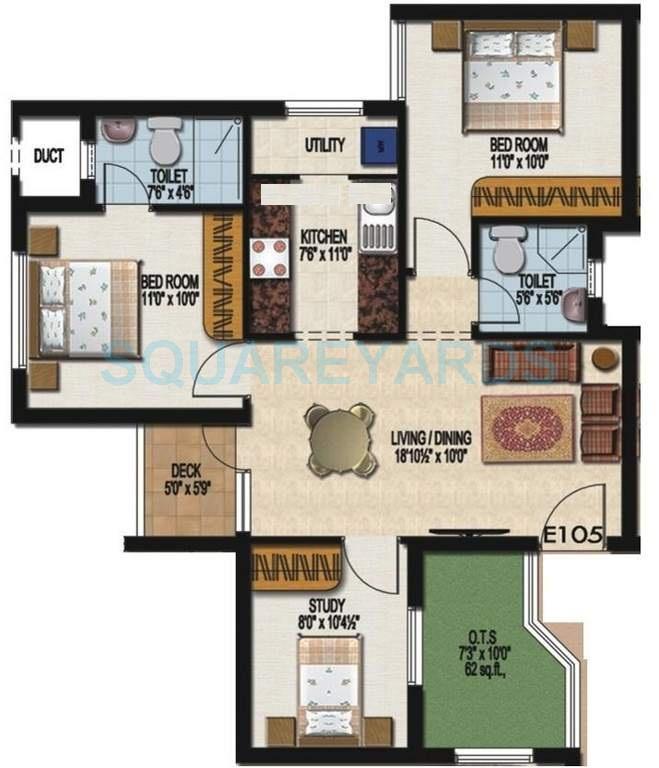 Floor plan of 2 BHK 984 Sq. Ft. Apartment in Sidharth Housing Dakshin, Chennai