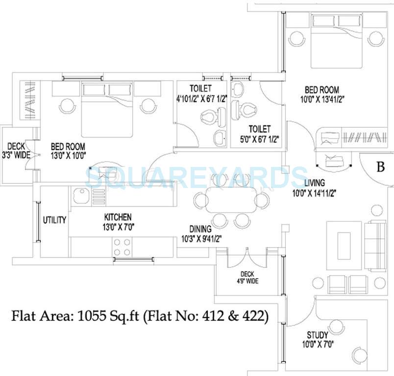 Floor plan of 2 BHK 1055 Sq. Ft. Apartment in Sidharth Housing Natura, Chennai
