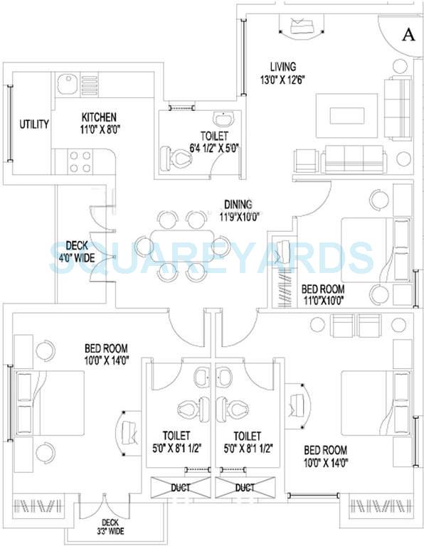 Floor plan of 3 BHK 1300 Sq. Ft. Apartment in Sidharth Housing Natura, Chennai