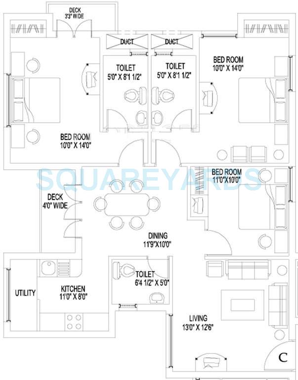 Floor plan of 3 BHK 1340 Sq. Ft. Apartment in Sidharth Housing Natura, Chennai