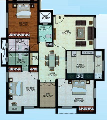 Floor plan of 3 BHK 1400 Sq. Ft. Apartment in Sidharth Housing Pluto, Chennai