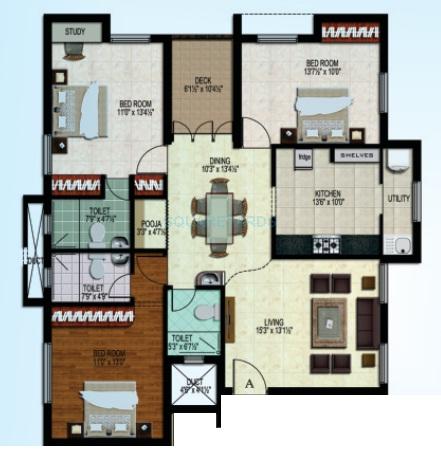 Floor plan of 3 BHK 1508 Sq. Ft. Apartment in Sidharth Housing Pluto, Chennai