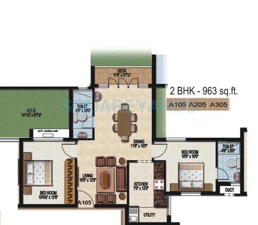 Floor plan of 2 BHK 963 Sq. Ft. Apartment in Sidharth Housing The Nest, Chennai