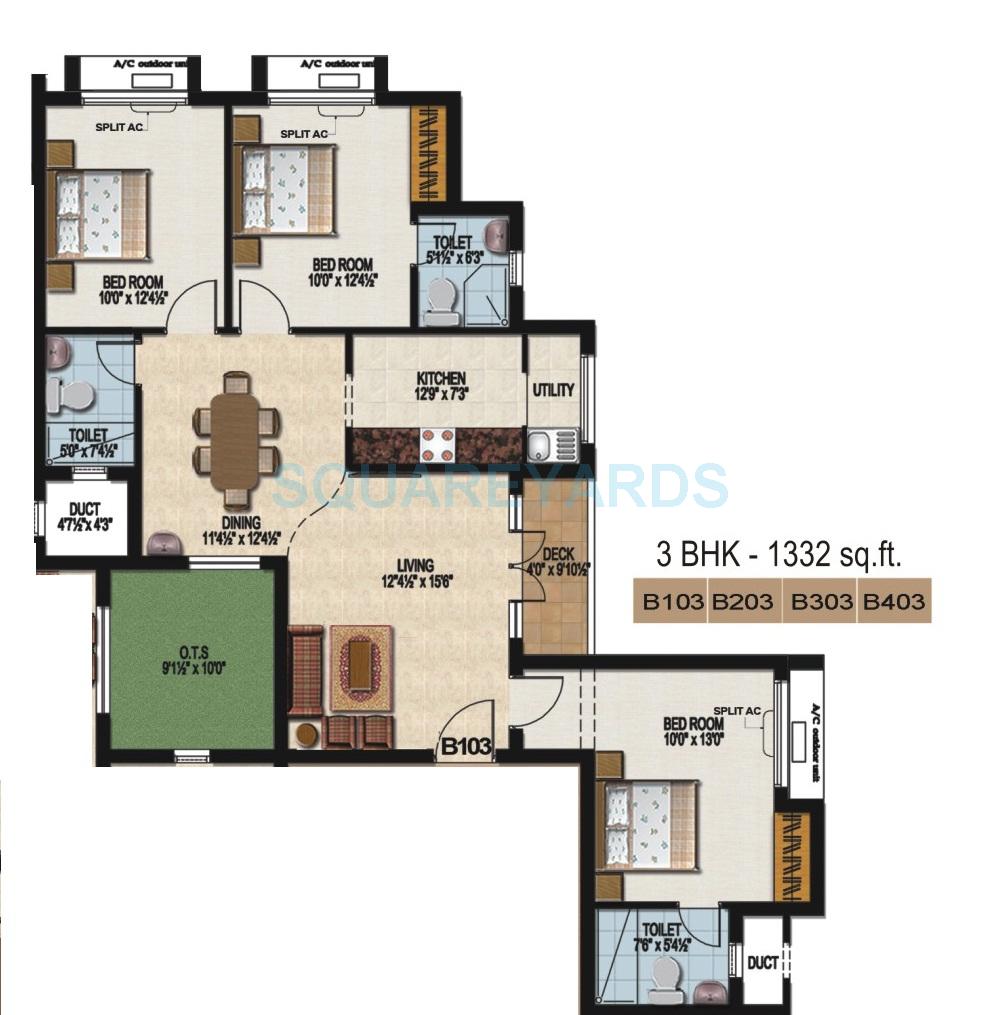 Floor plan of 3 BHK 1332 Sq. Ft. Apartment in Sidharth Housing The Nest, Chennai