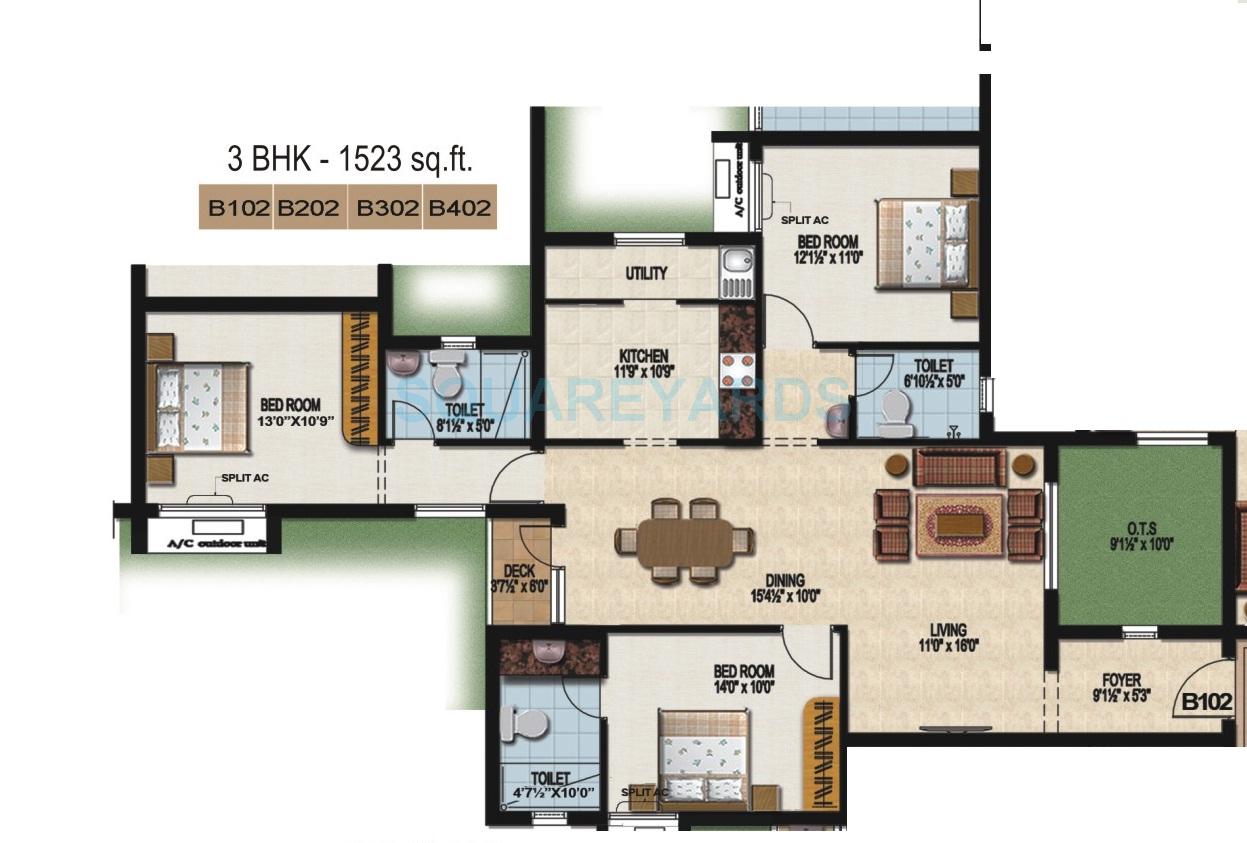 Floor plan of 3 BHK 1523 Sq. Ft. Apartment in Sidharth Housing The Nest, Chennai