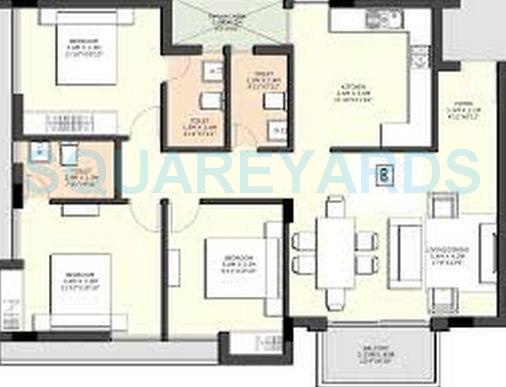 Floor plan of 3 BHK 1400 Sq. Ft. Apartment in Sidharth Housing Tulsi, Chennai